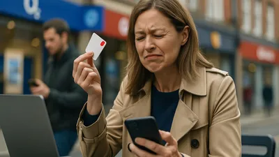 A woman in a trench coat squints in frustration while holding a small white card and a phone.