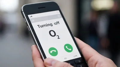 A person holds a smartphone displaying 'Turning off O2' and two green phone icons on the screen.