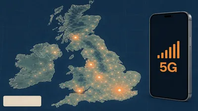 Editorial illustration of a stylised map of the United Kingdom with mobile signal coverage zones visualised as concentric circles, alongside a smartphone displaying a 5G signal indicator.