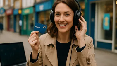 A smiling woman wearing headphones holds up a blue card, with shops blurred in the background.
