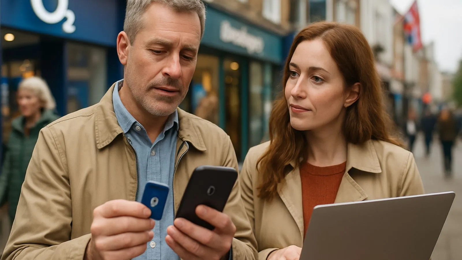 A man and woman on a street, looking at a phone and a small blue device. The woman holds a laptop.