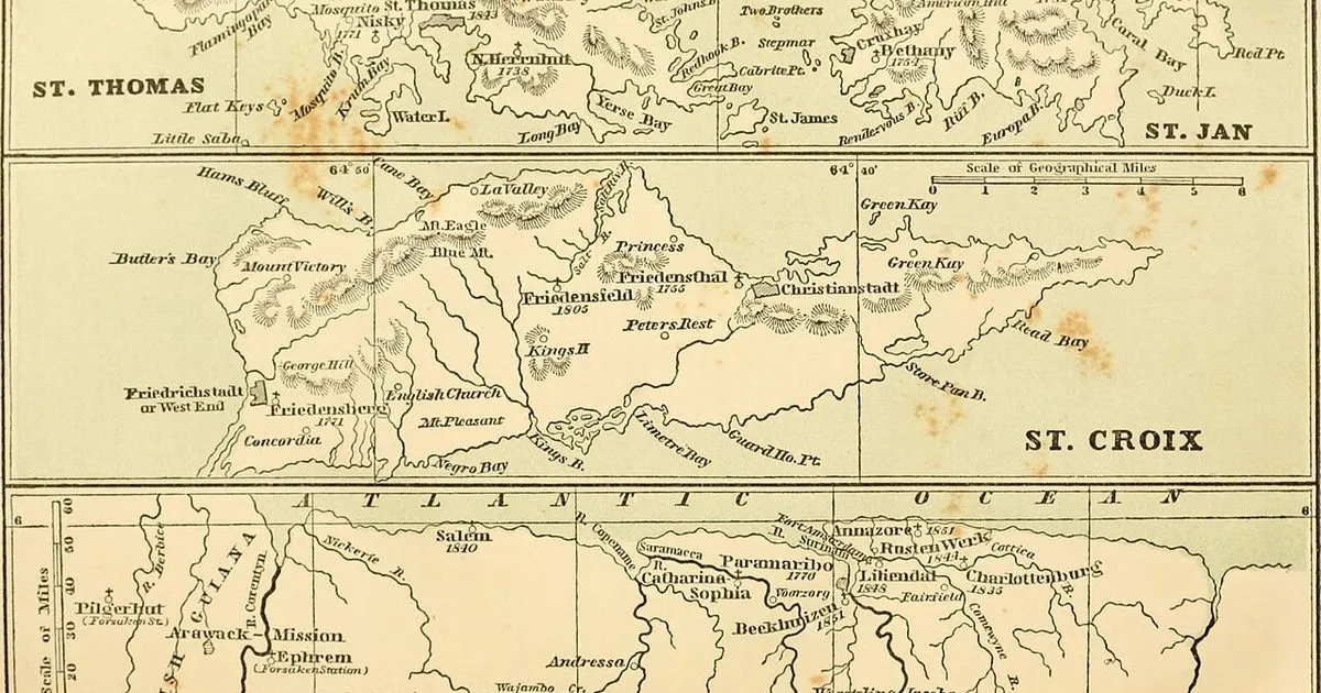 An old map showing three islands: St. Thomas, St. Croix, and St. Jan, with towns and geographical features.