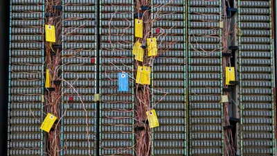 Detailed view of an analog telephone exchange with complex wiring and labels.