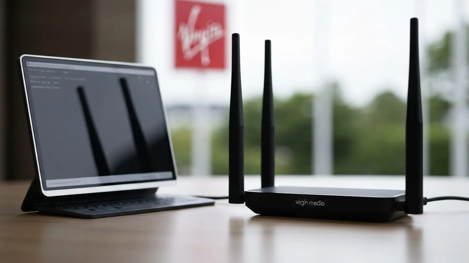 A black Virgin Media router with four antennas sits on a wooden table next to a laptop.