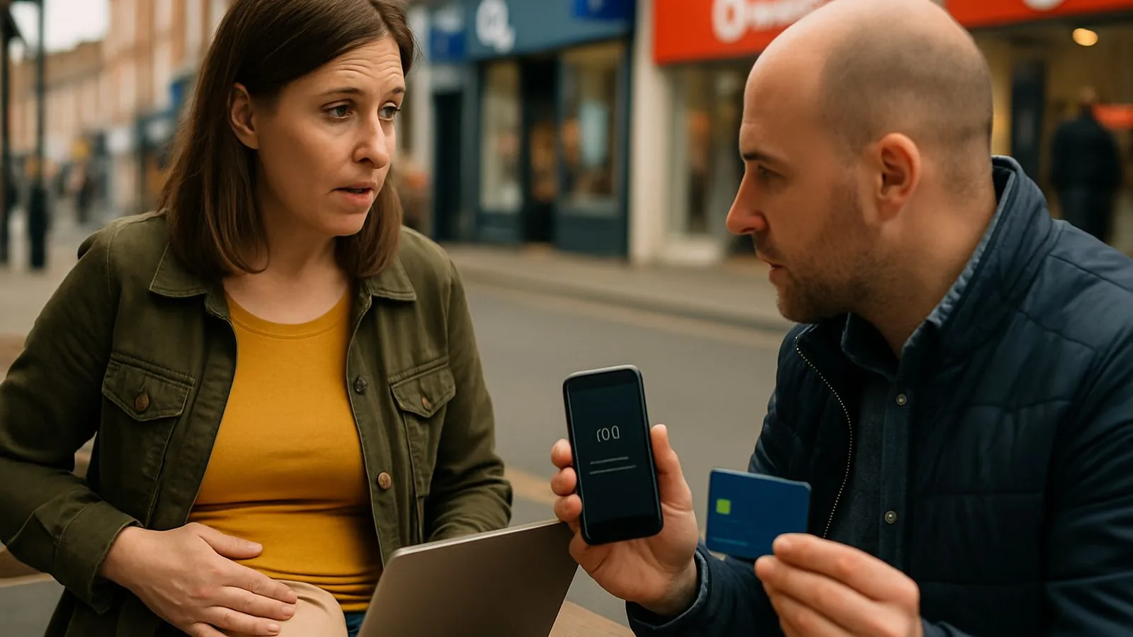 A man and woman sit outdoors. The man holds a phone and a blue card, talking to the woman.