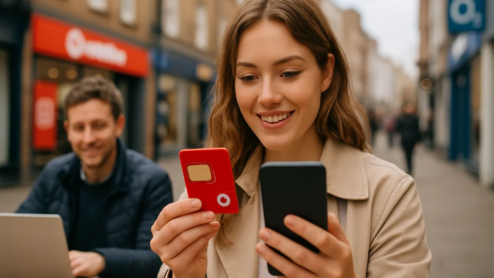 A smiling woman holds a red SIM card and a mobile phone, with a man and laptop in the background.