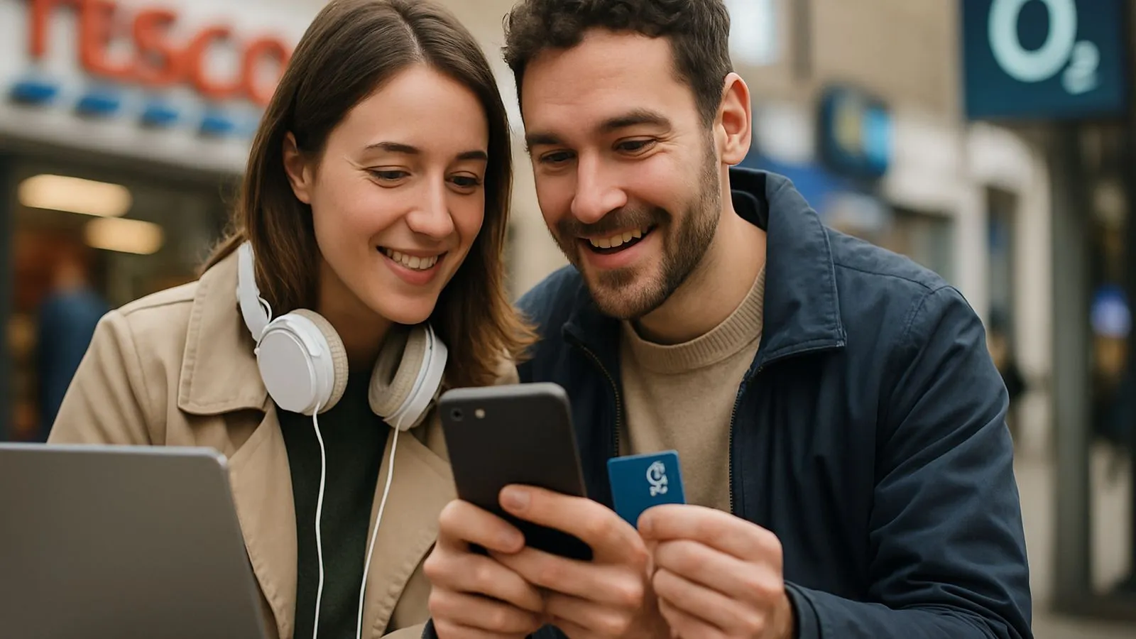 A smiling man and woman look at a phone, the man holding a blue card. A Tesco store is in the background.