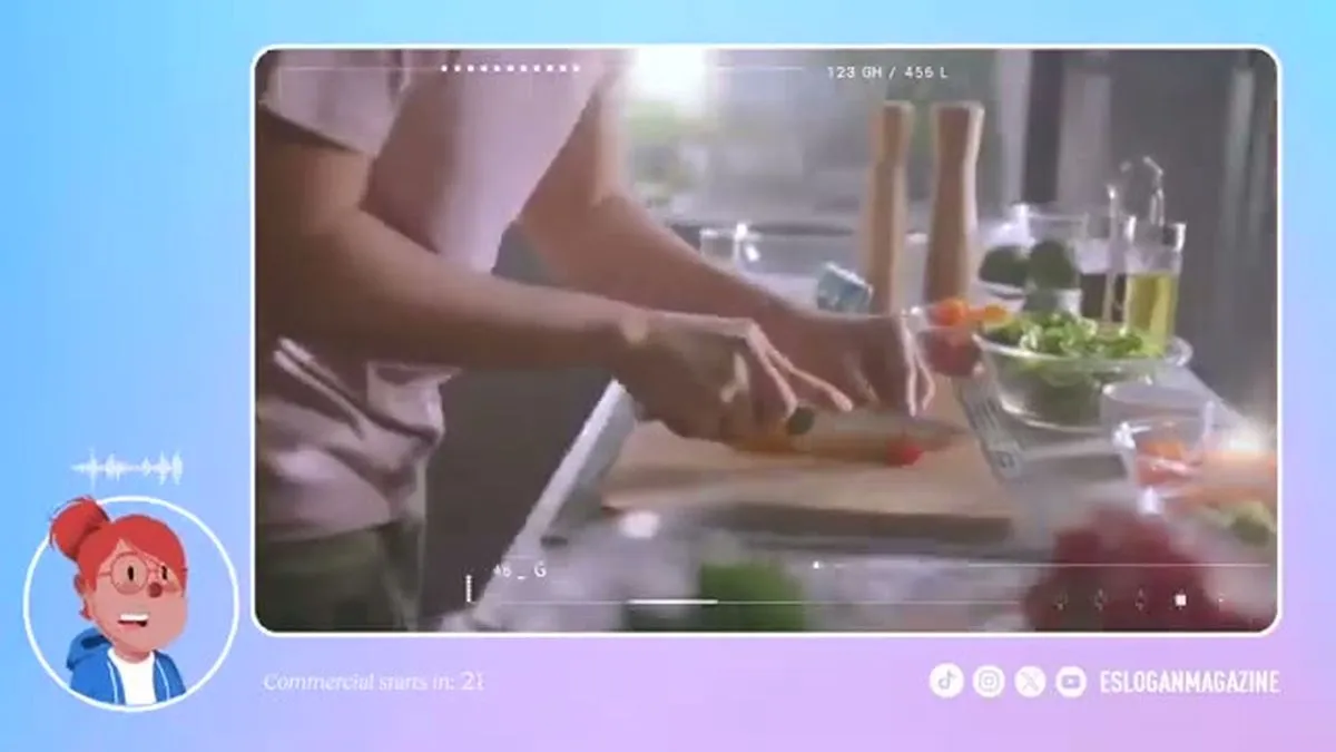 A person's hands are shown chopping vegetables on a wooden cutting board in a bright kitchen.