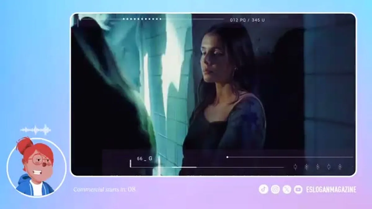A woman with dark hair looks to the right, with a blue-tinted light source on the left side of the frame.