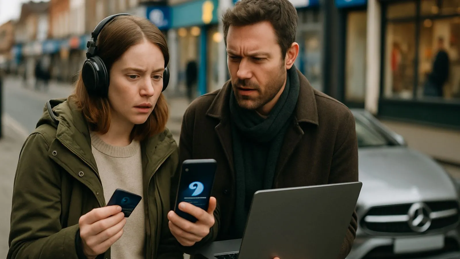 A woman with headphones and a man look intently at a phone and laptop on a busy street.