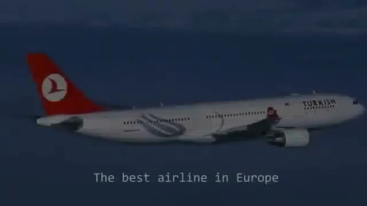 A Turkish Airlines plane with a red tail flies in a dark blue sky, with text overlay.