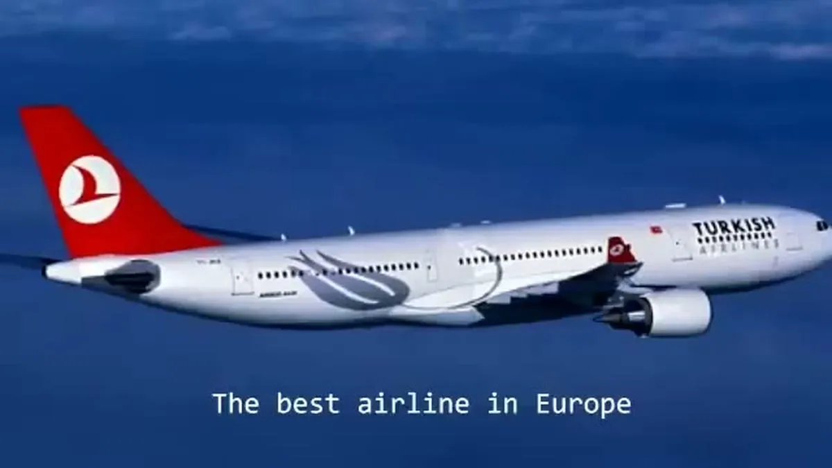 A white Turkish Airlines plane with a red tail flies against a clear blue sky, with text overlay.