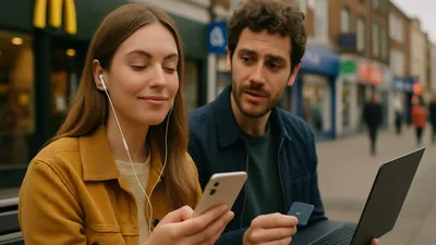 A woman with headphones smiles while looking at her phone, next to a man with a laptop and card.