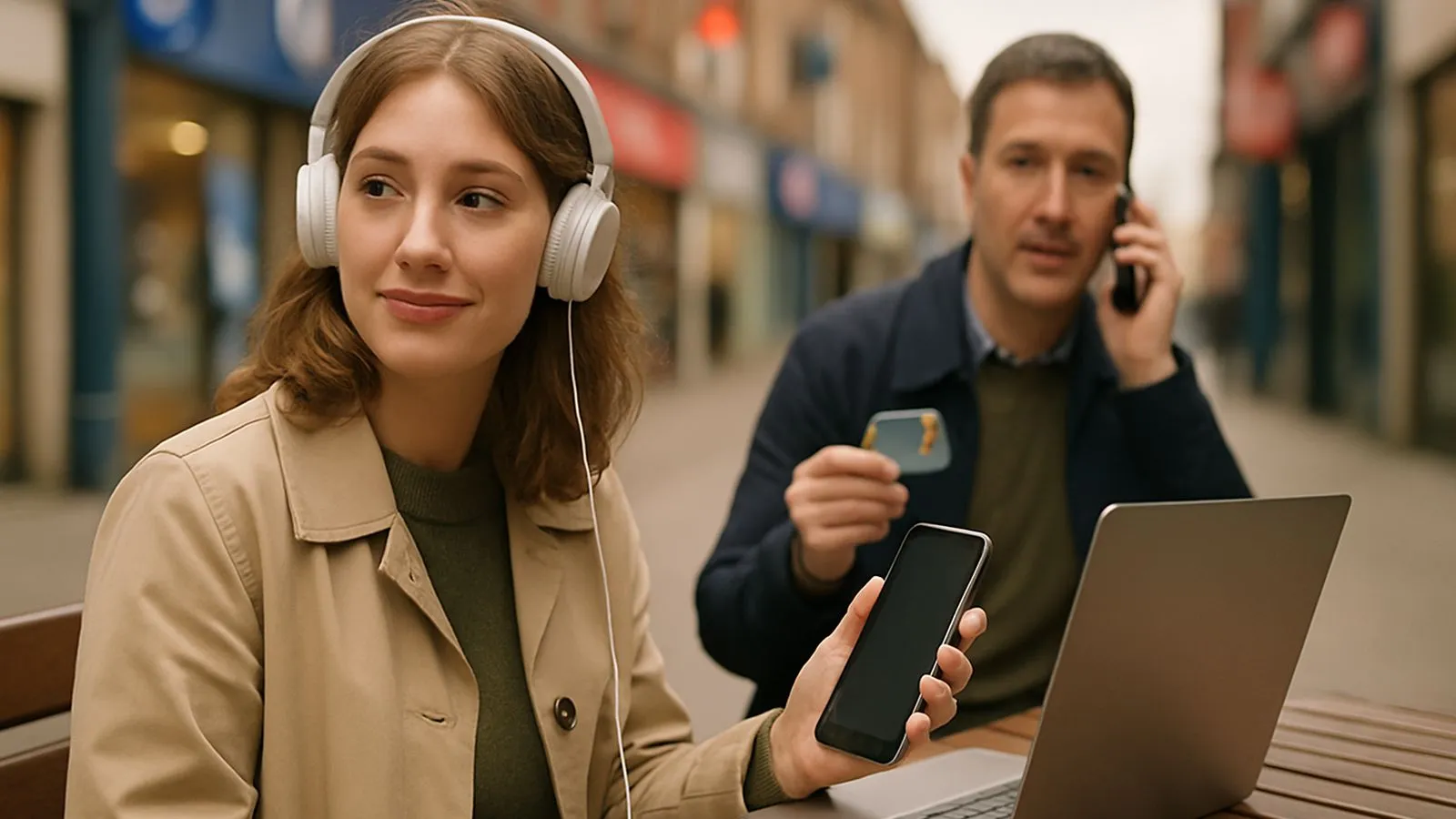 A woman wearing headphones and holding a phone sits at a table with a laptop. A man talks on a phone in the background.