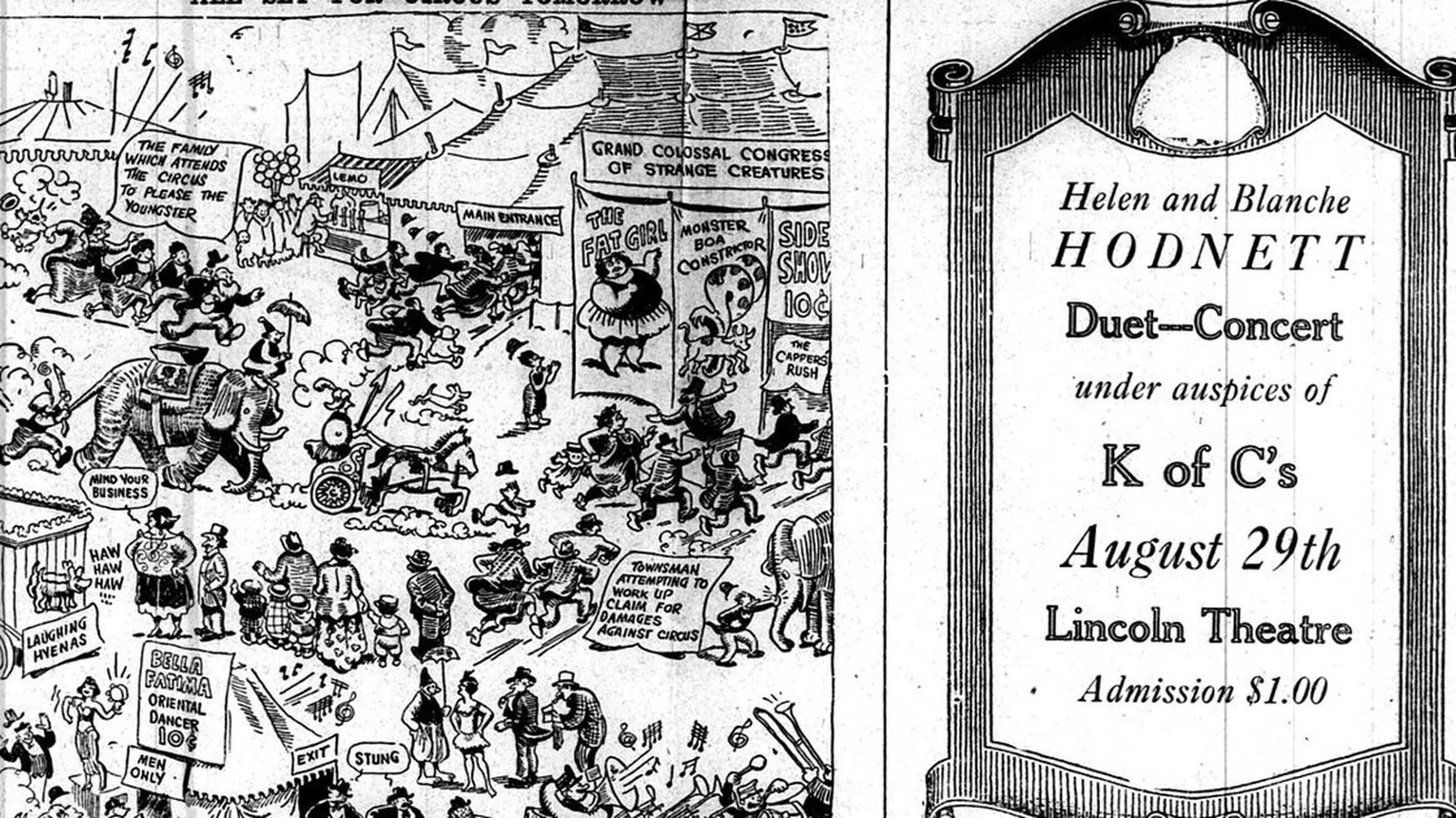 A black and white cartoon shows a busy circus scene with tents, elephants, people, and various attractions.