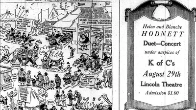 A black and white cartoon shows a busy circus scene with tents, elephants, people, and various attractions.