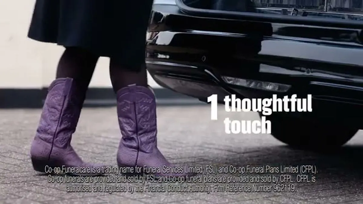 A person wearing purple cowboy boots stands next to a car, with text '1 thoughtful touch' overlaid.