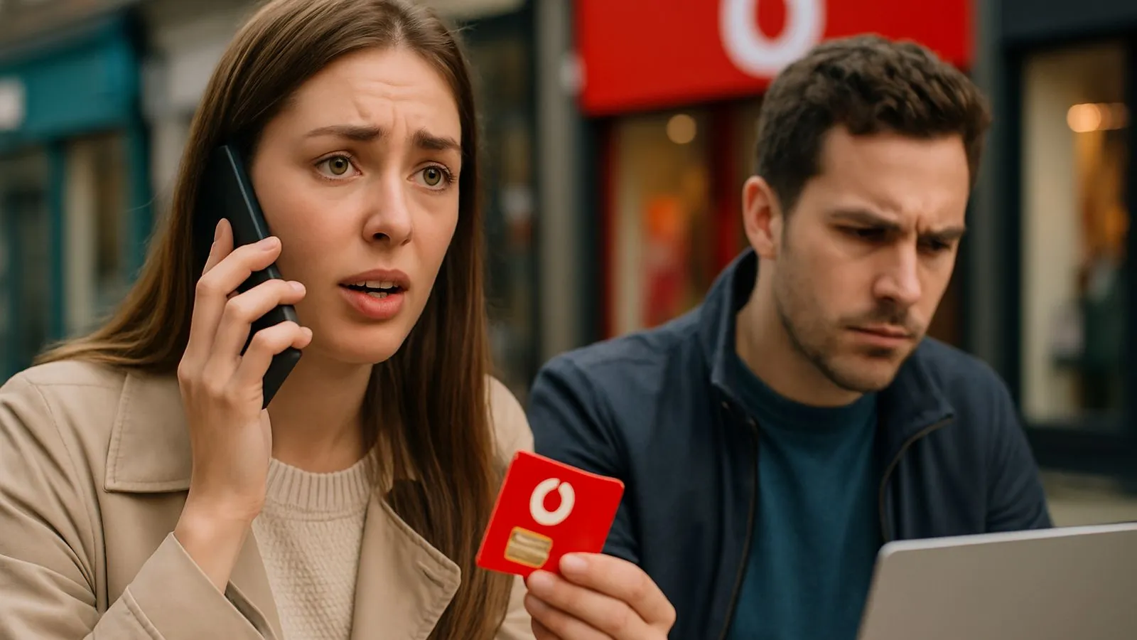 A woman on the phone looking confused, holding a red SIM card. A man looks at a laptop.