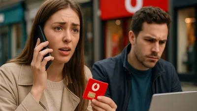 A woman on the phone looking confused, holding a red SIM card. A man looks at a laptop.