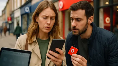 A confused man and woman look at a phone and a red card, with a laptop nearby on a street.