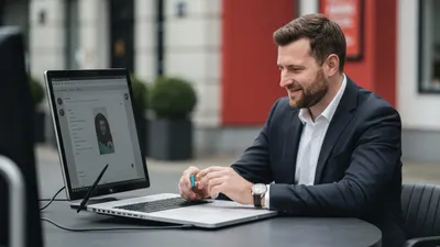 A smiling man in a suit sits at an outdoor table, looking at a laptop with an external monitor.