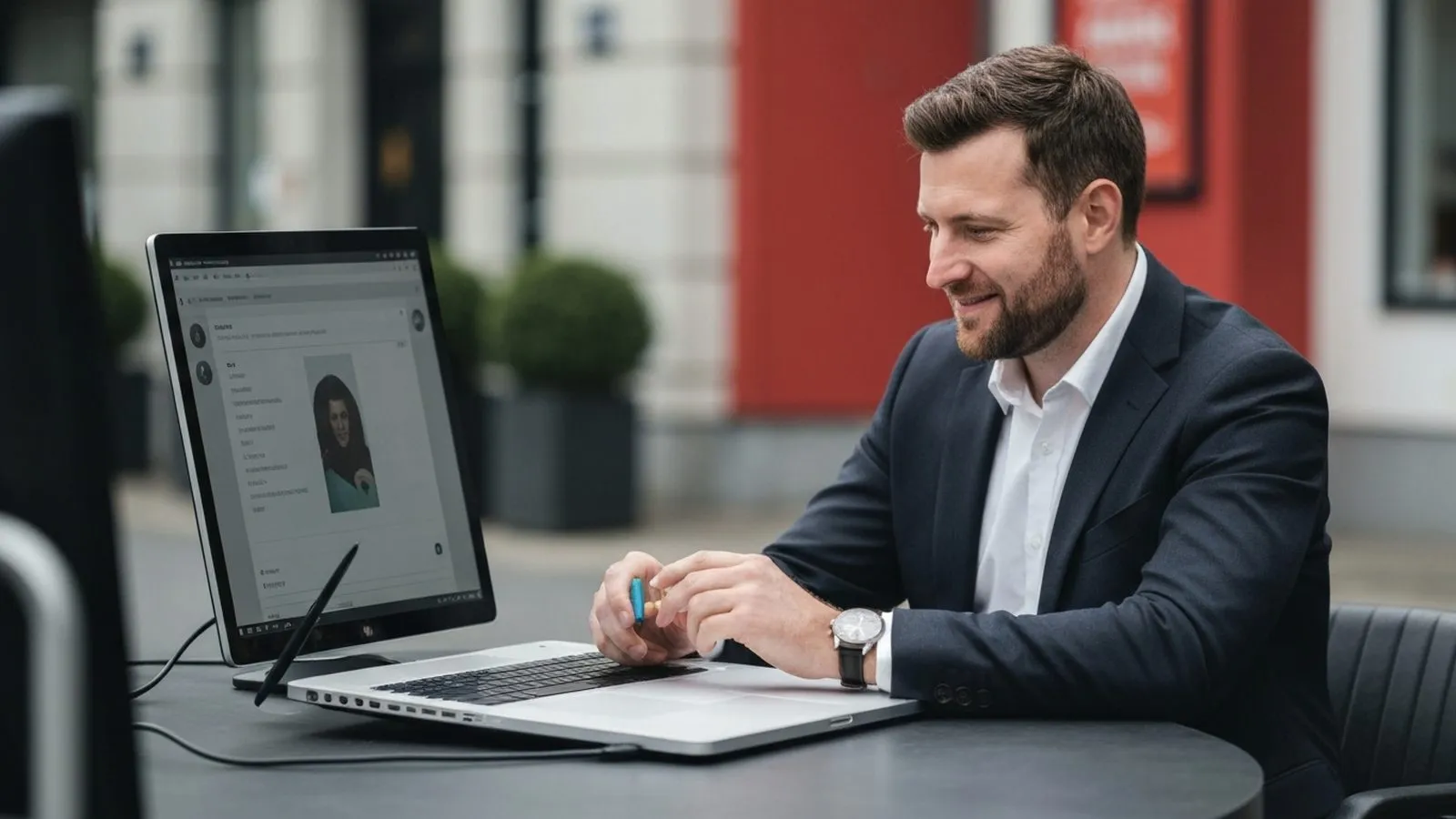 A smiling man in a suit sits at an outdoor table, looking at a laptop with an external monitor.