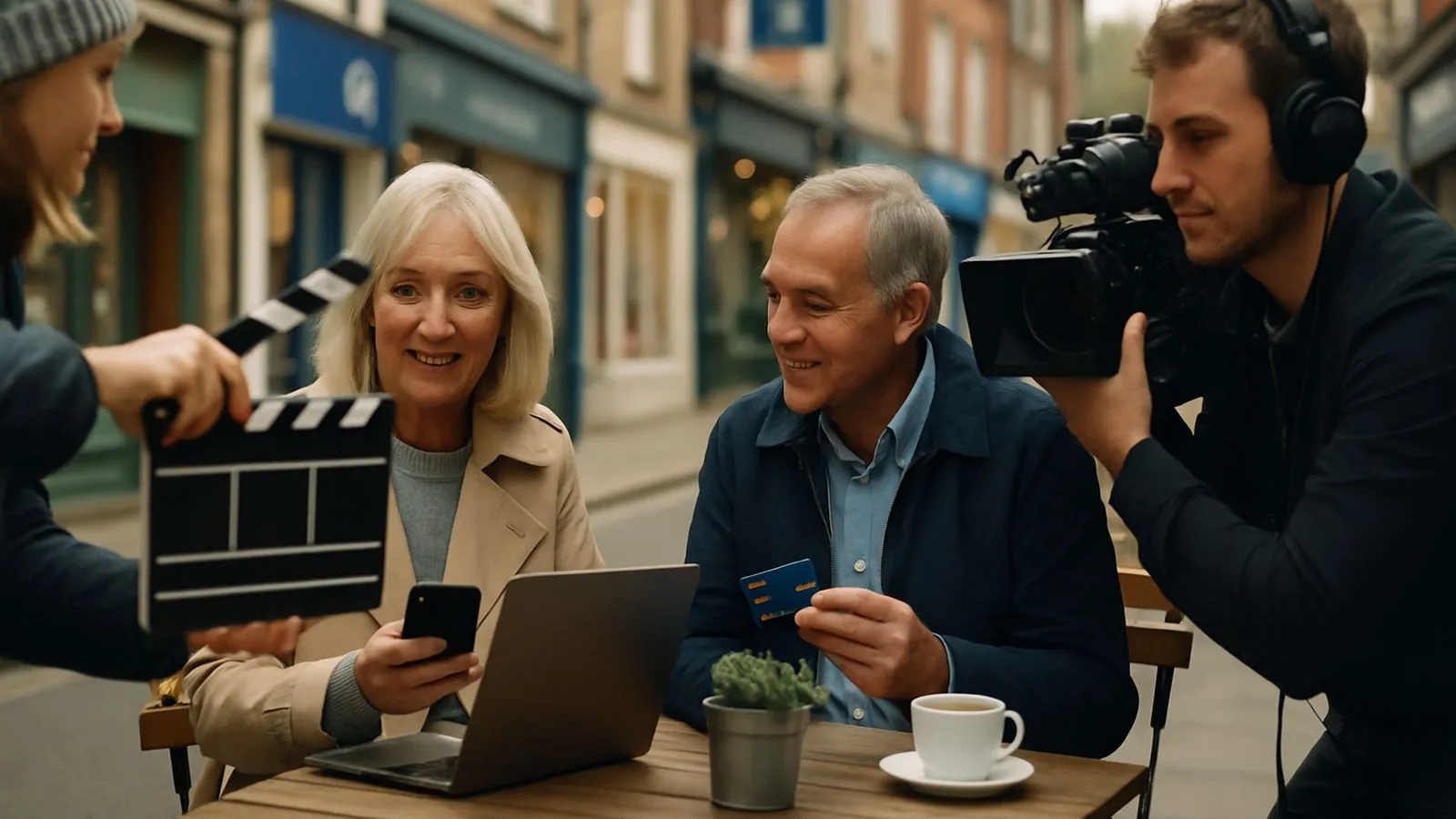 A film crew shoots an advert with two actors at an outdoor cafe table. A woman holds a phone, a man holds a credit card.