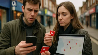 A man and a woman looking at a phone and a laptop displaying a map with red location pins.