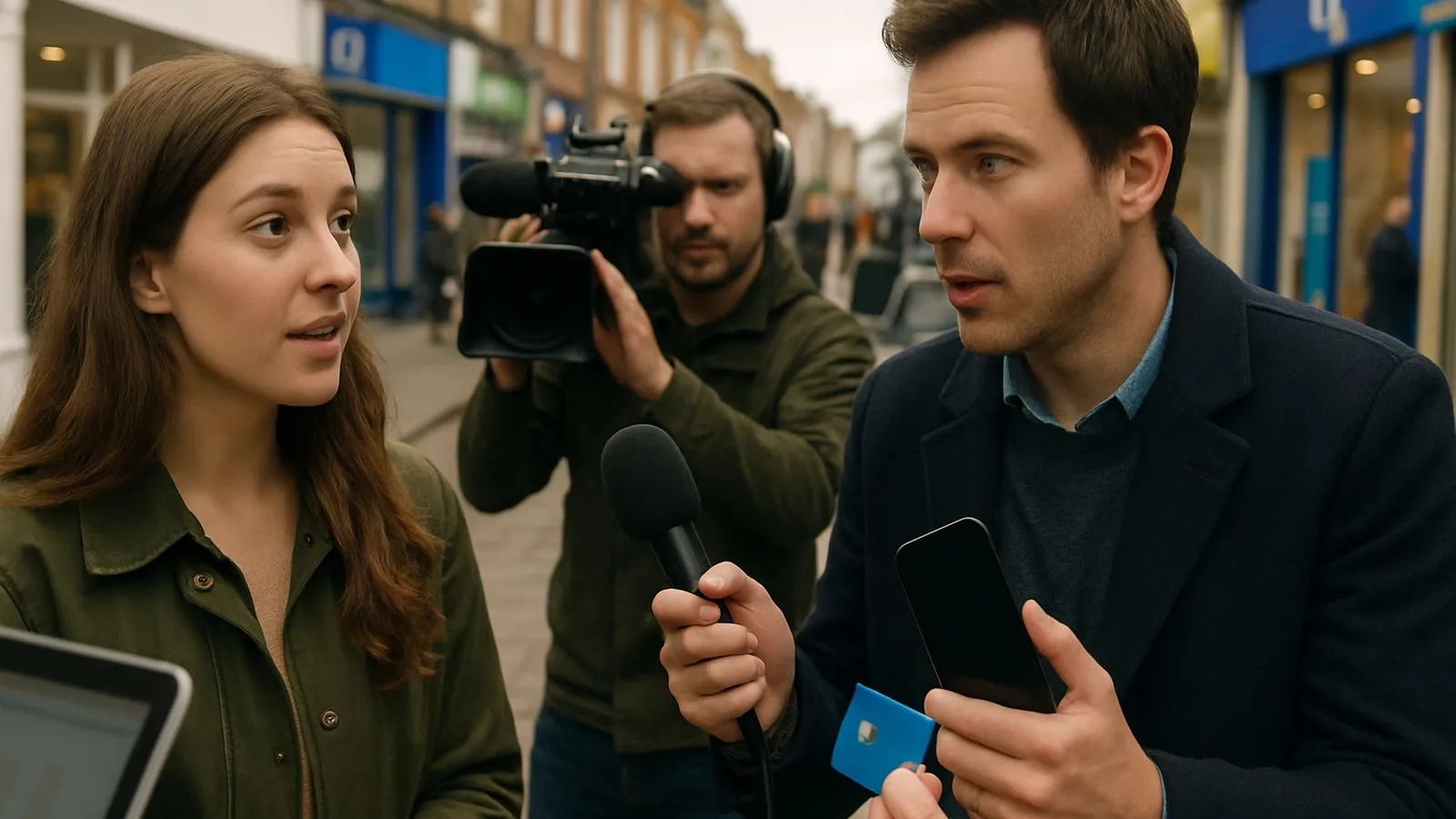 A female interviewee speaks into a microphone held by a male reporter, with a cameraman filming behind them.