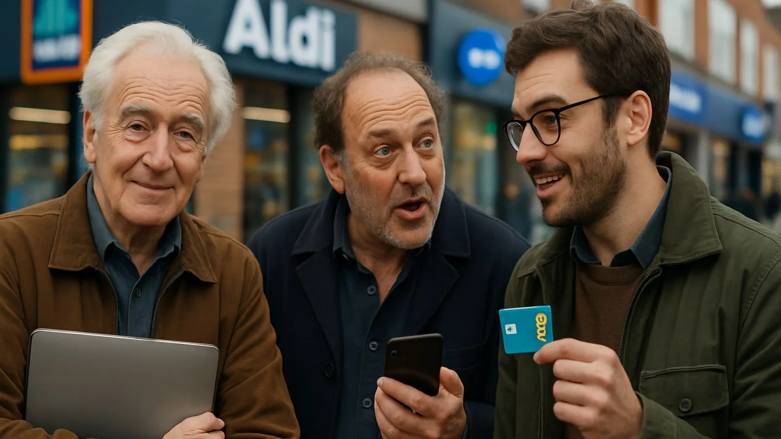 Three men stand outside a shop. One holds a laptop, another a phone, and the third a card.