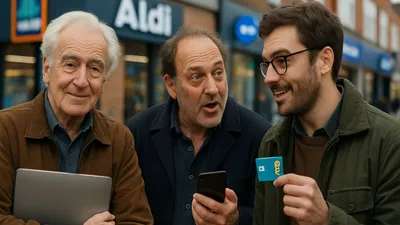 Three men stand outside a shop. One holds a laptop, another a phone, and the third a card.