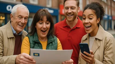 Four excited people, two men and two women, looking at a letter and a phone on a high street.