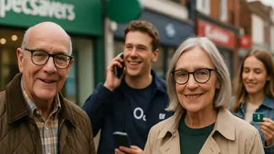 Four smiling people of different ages on a high street, with a Specsavers shop in the background.