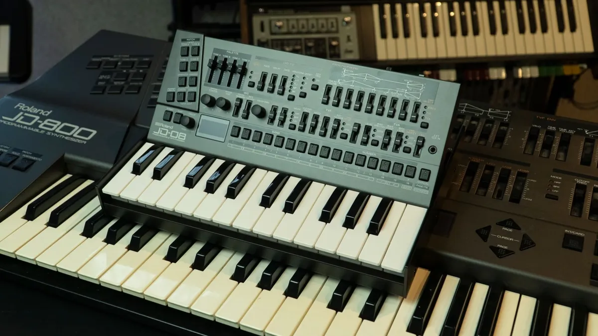 Close-up of Roland synthesizers in a professional music production setup.