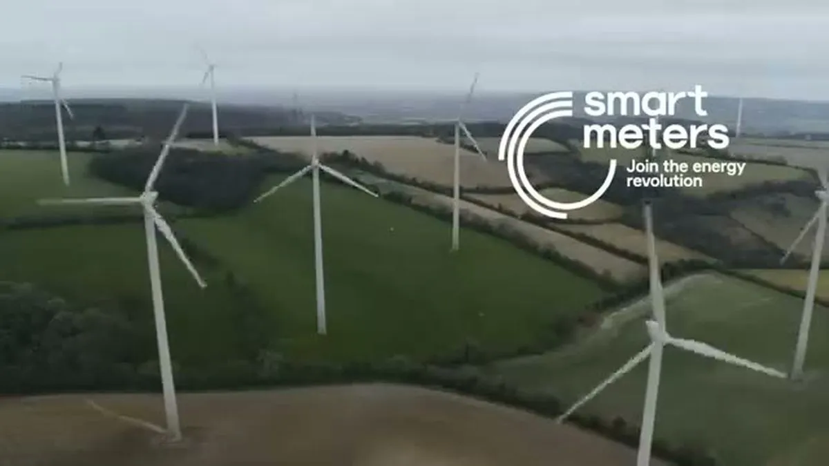 An aerial view of a field with numerous wind turbines and the 'smart meters' logo with text 'Join the energy revolution'.