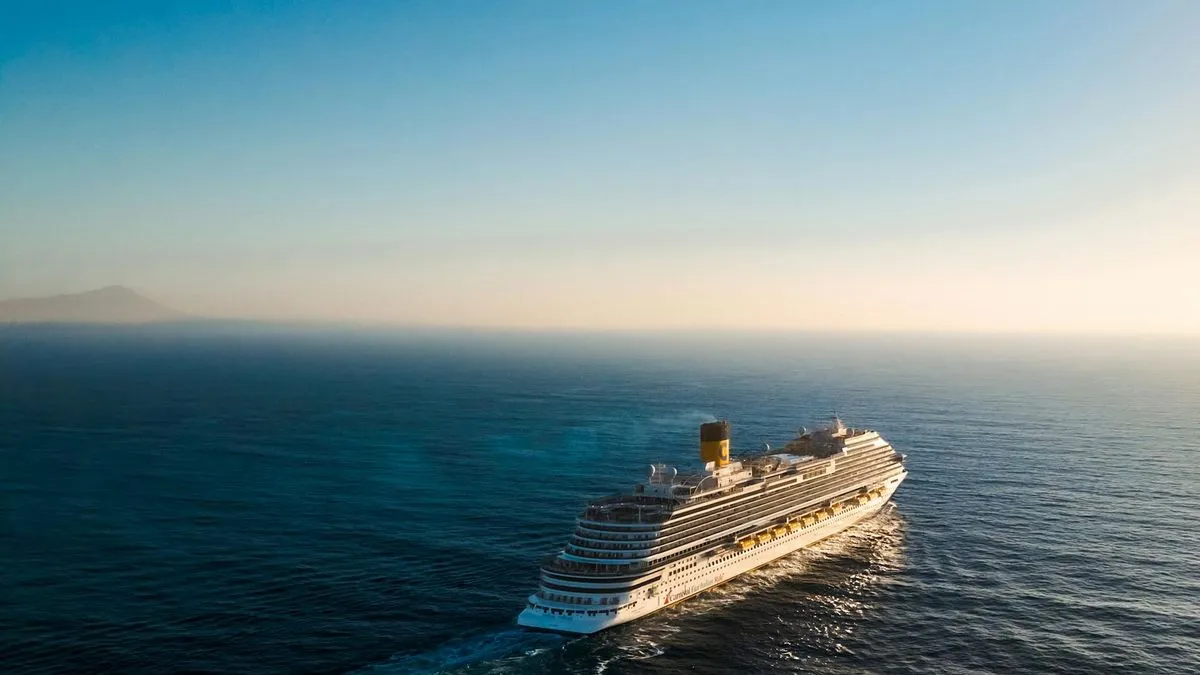An aerial view of a large white cruise ship sailing on a calm blue ocean at sunset.