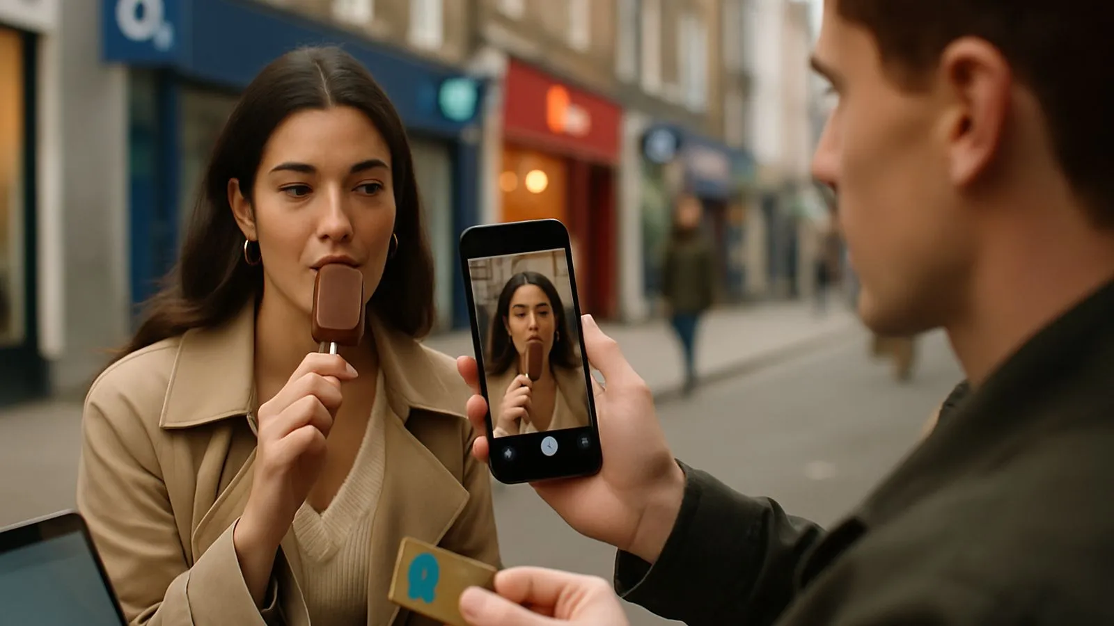 A woman in a trench coat eats a chocolate ice cream bar while a man photographs her with a phone.