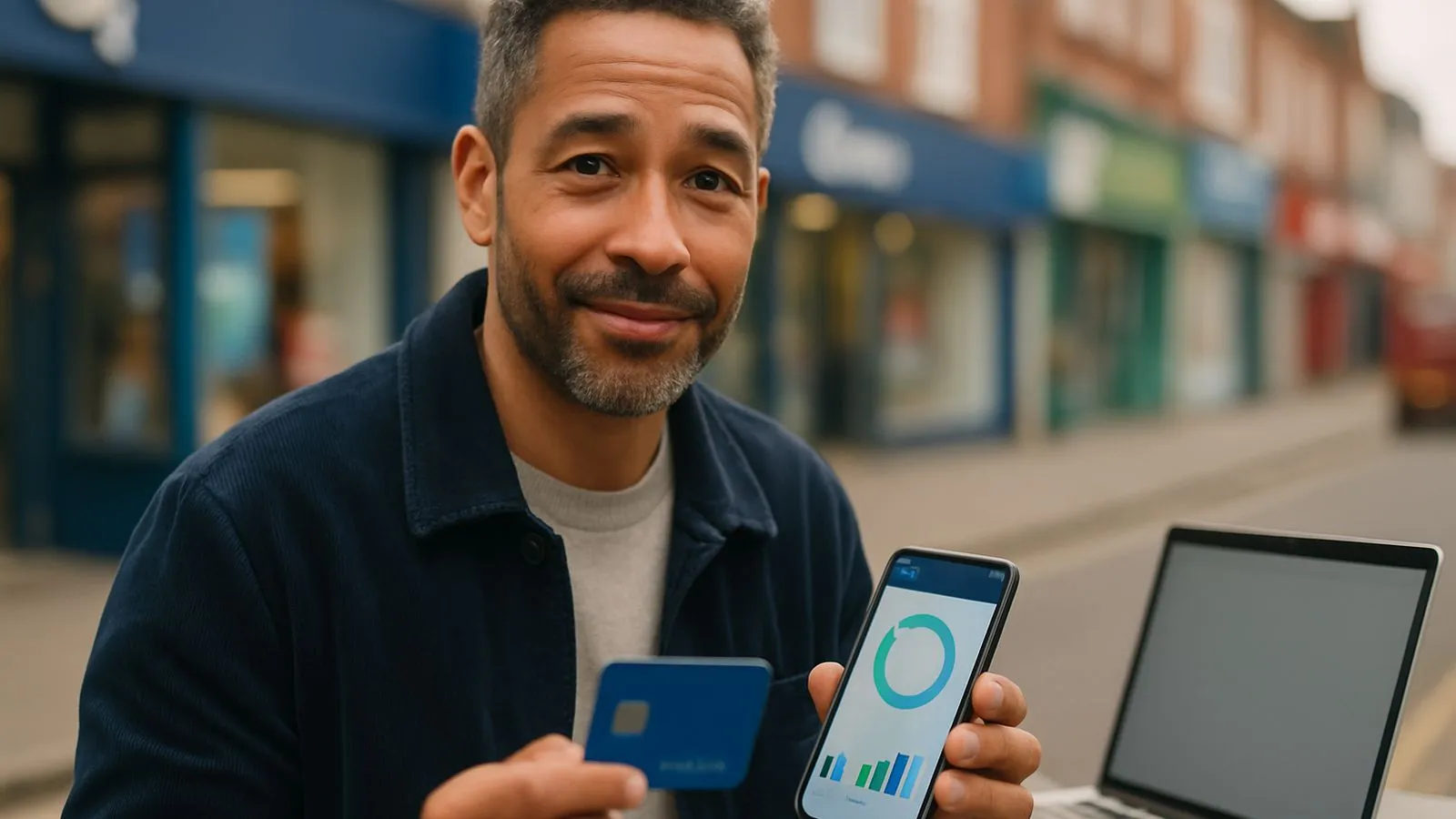 A smiling man holds a blue credit card and a smartphone displaying financial graphs, with a laptop and street in the background.