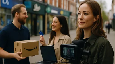 A film crew shoots an Amazon delivery on a high street. A man holds a package, a woman holds a card, and a director watches a monitor.