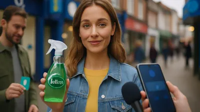 A smiling woman in a denim jacket holds a green spray bottle, being interviewed on a busy street.