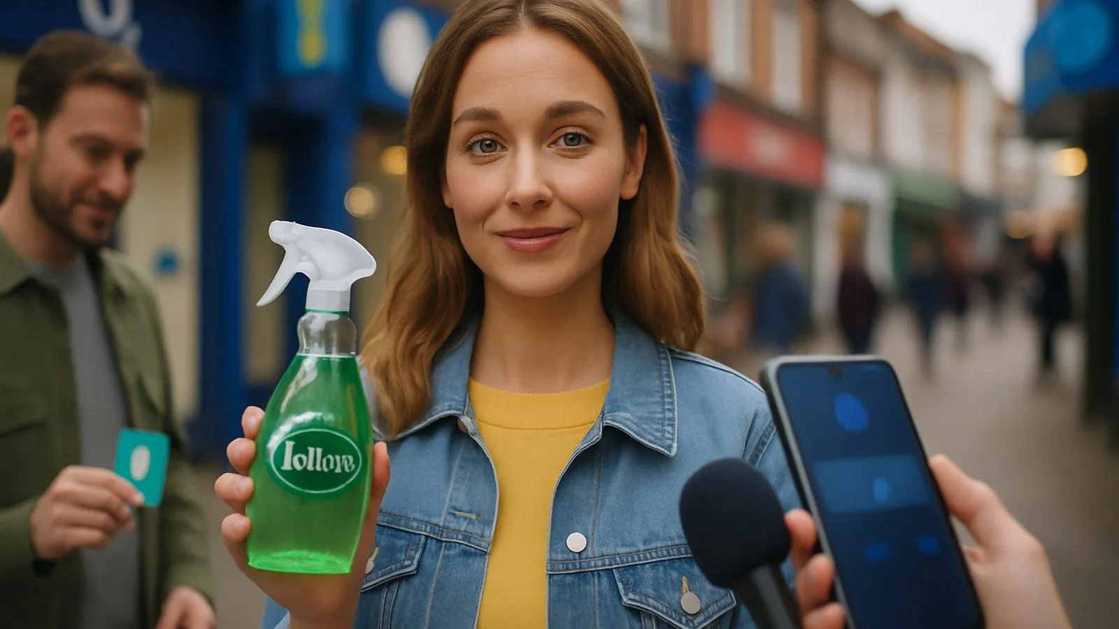 A smiling woman in a denim jacket holds a green spray bottle, being interviewed on a busy street.