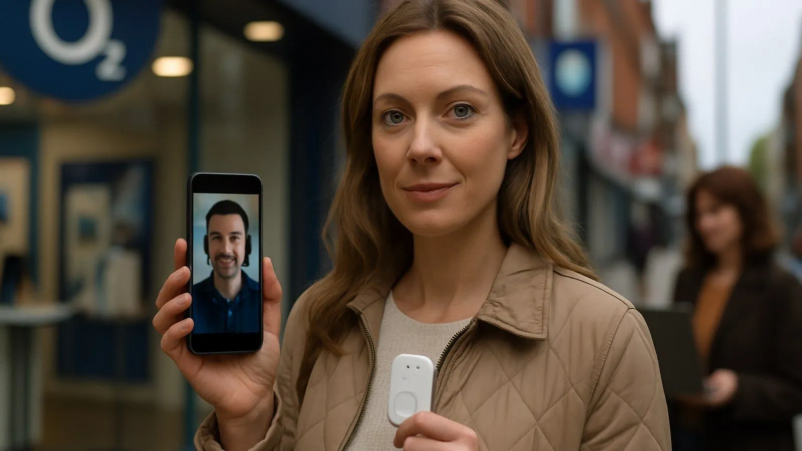 A woman holds a smartphone displaying a man on a video call and a white alarm sensor.