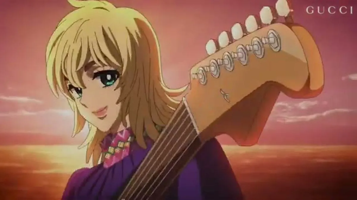 An animated blonde character with blue eyes smiles while holding a guitar, with a sunset background.