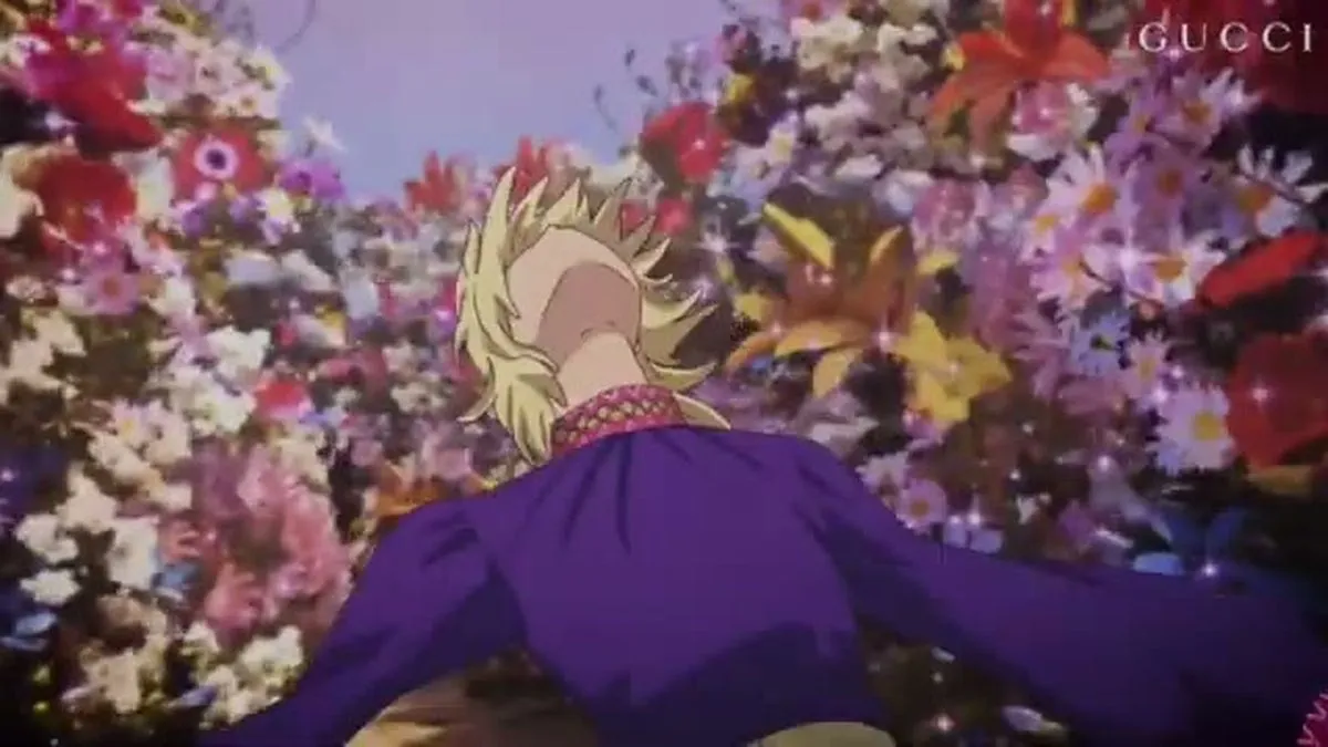 An animated character in a purple top looks up, surrounded by a vibrant field of colorful flowers.