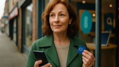 A smiling woman with auburn hair holds a smartphone and a small blue card on a city street.