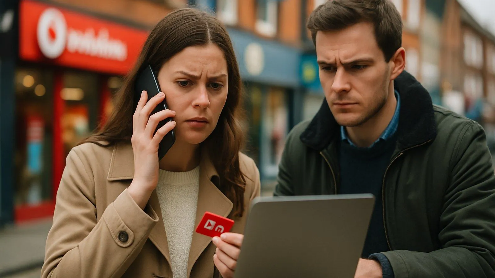 A concerned woman on the phone holds a red card while a man looks at a laptop beside her.