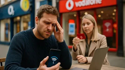 A man looking frustrated at his phone with a 'no WiFi' symbol, while a woman holds a red card.