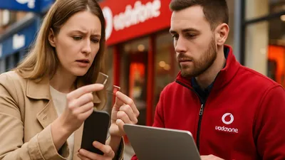 A confused woman holds a SIM card and phone, while a male assistant with a laptop helps her.