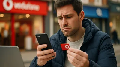 A man looking confused while holding a smartphone and a red SIM card in front of a shop.