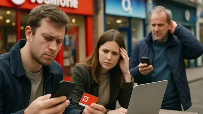 Three people looking confused and frustrated while using phones and a laptop outdoors, with shops in the background.